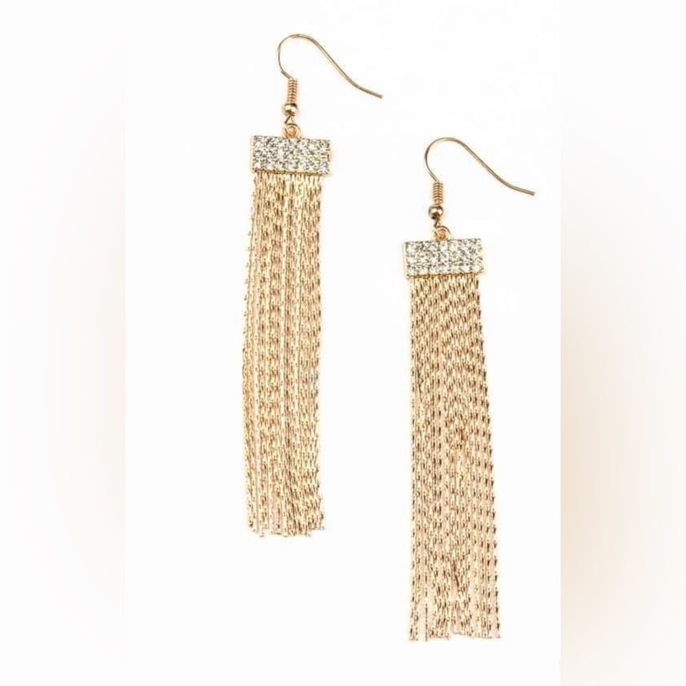Gold chain and crystal rhinestone long earrings
